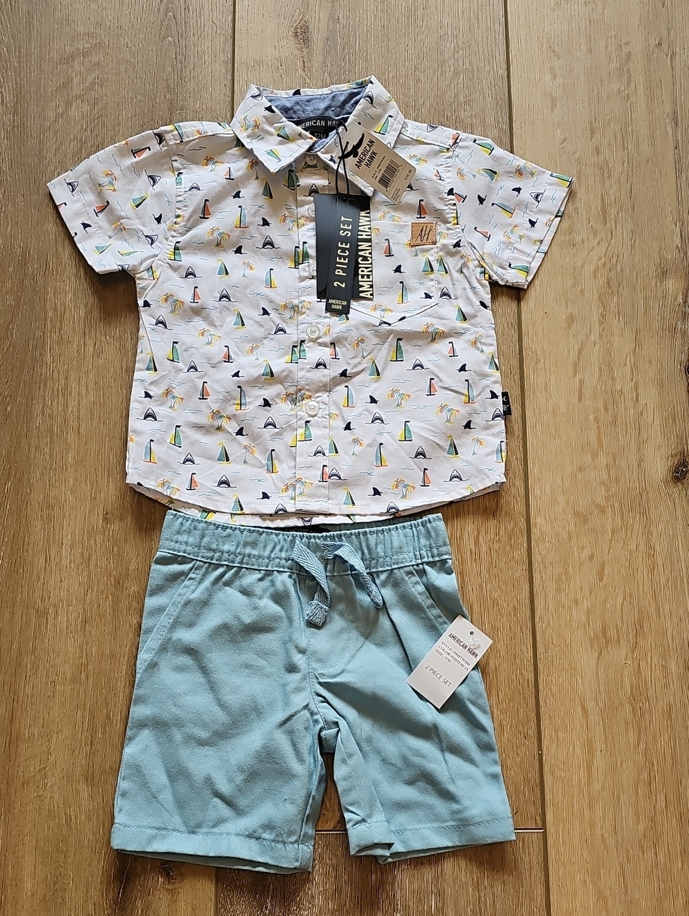 American Hawk White Sailboat Print Button Shirt & Light Blue Shorts Set